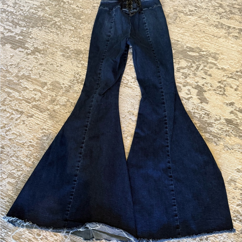 We The Free People Ma Cherie Flare Jeans - Dark Blue Lace Up Back - Picture 8 of 8